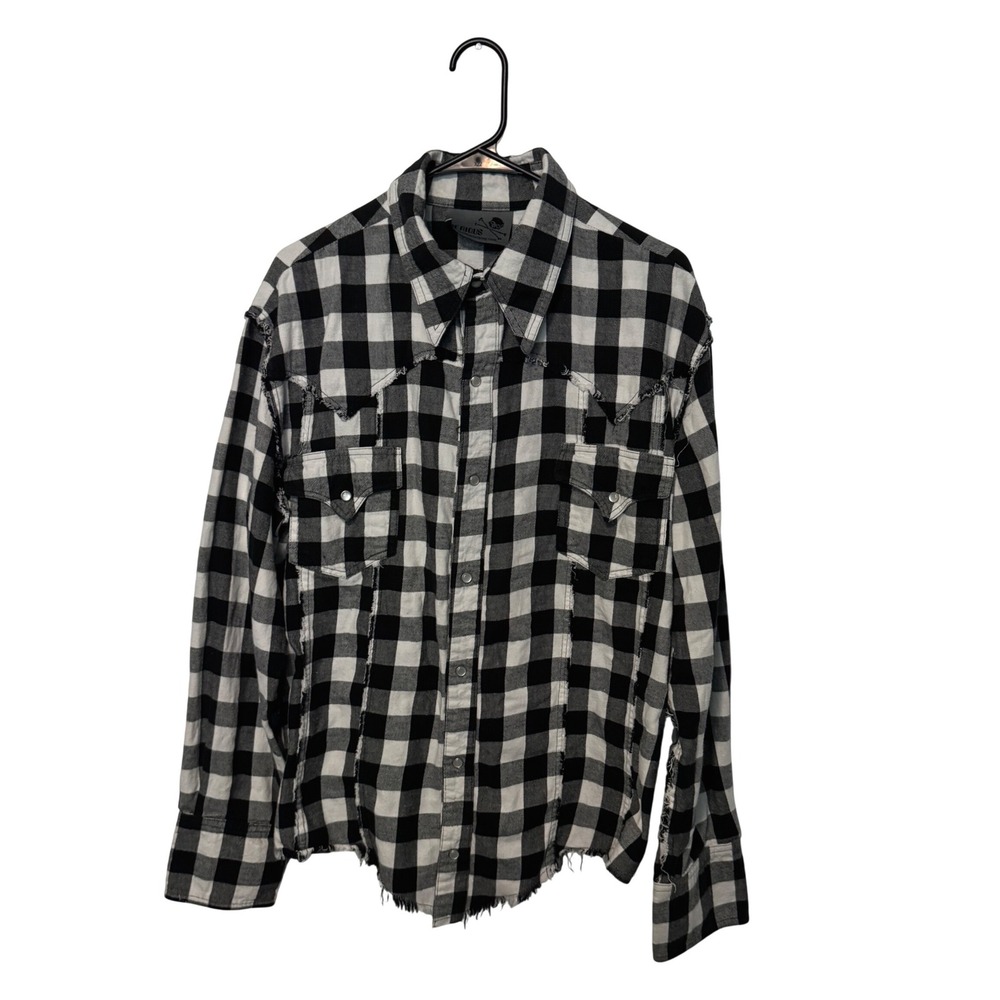 Serious Clothing Western Pearl Snap Shirt Mens XL Black White Distressed Flannel